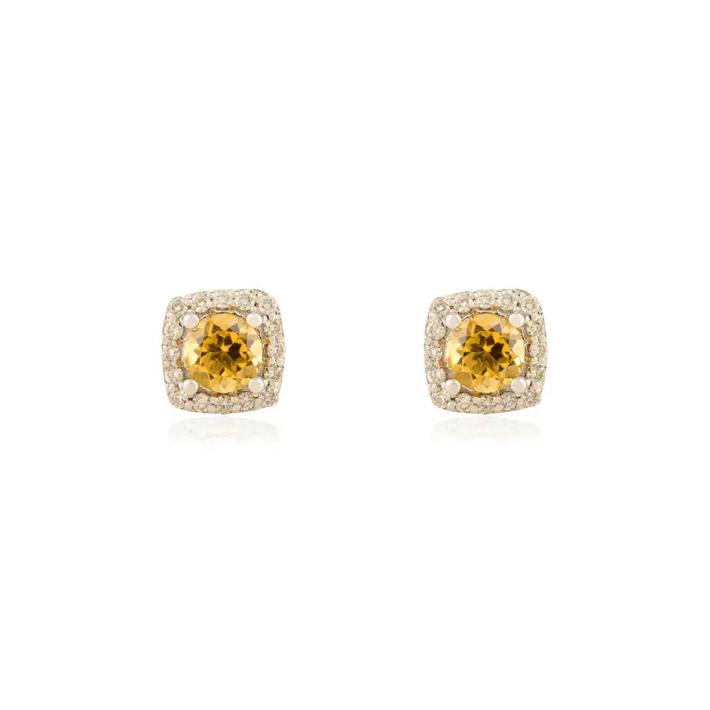 Minimal Design Citrine & Diamond Small Halo Stud Earrings Fine 14K White Gold Jewelry