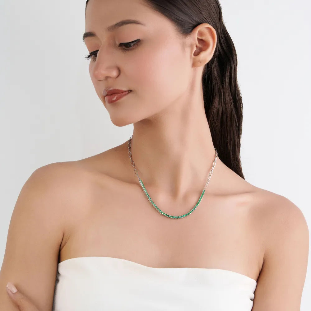 Zambian Emerald Round Cut Gemstone Half Paperclip Chain Tennis Necklace Stack Jewelry 14K White Gold