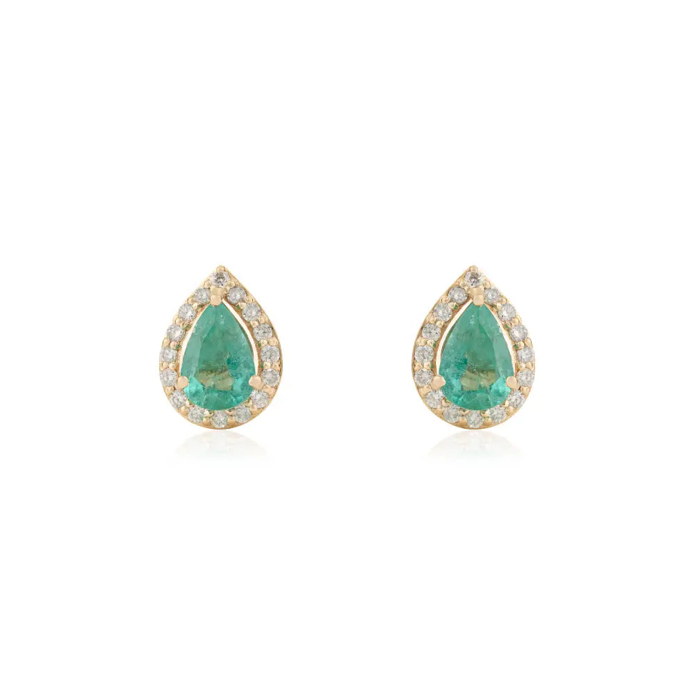 100% Real Emerald & Diamond Pear Shape Halo Stud Earrings 18K Solid Yellow Gold Jewelry