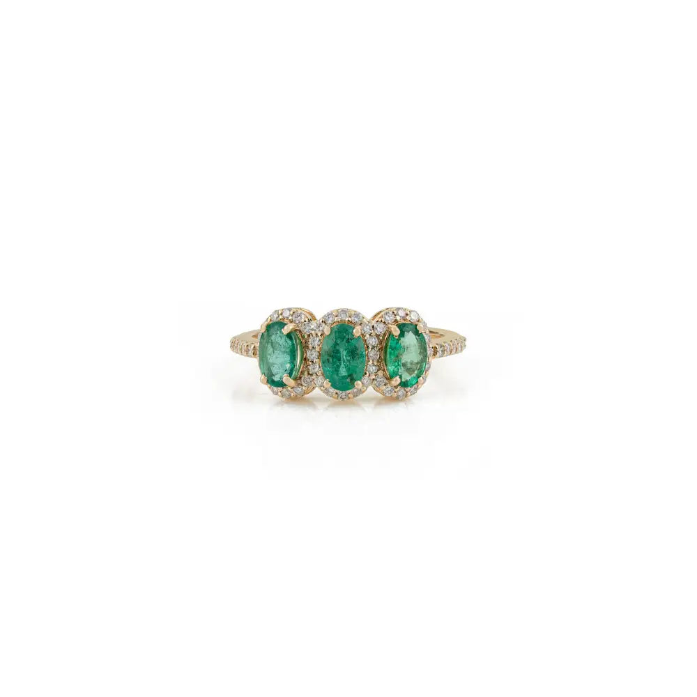 Oval Shape Emerald & Round Cut Diamond Three Stone Ring Fine 14K Solid Yellow Gold Jewelry