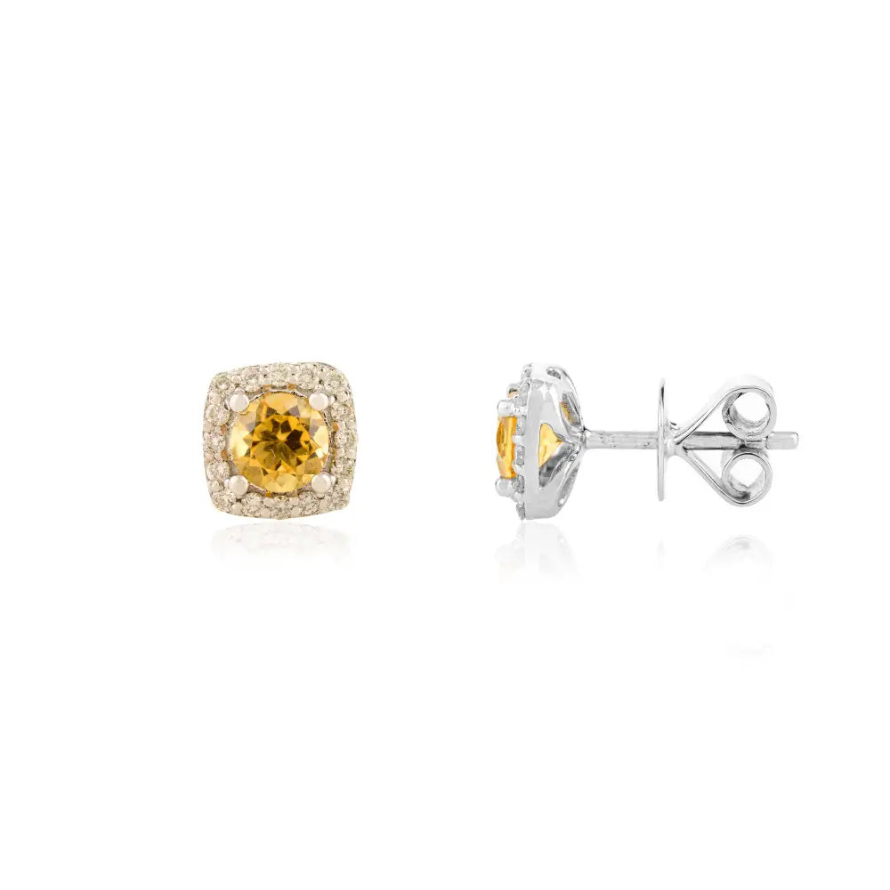 Minimal Design Citrine & Diamond Small Halo Stud Earrings Fine 14K White Gold Jewelry