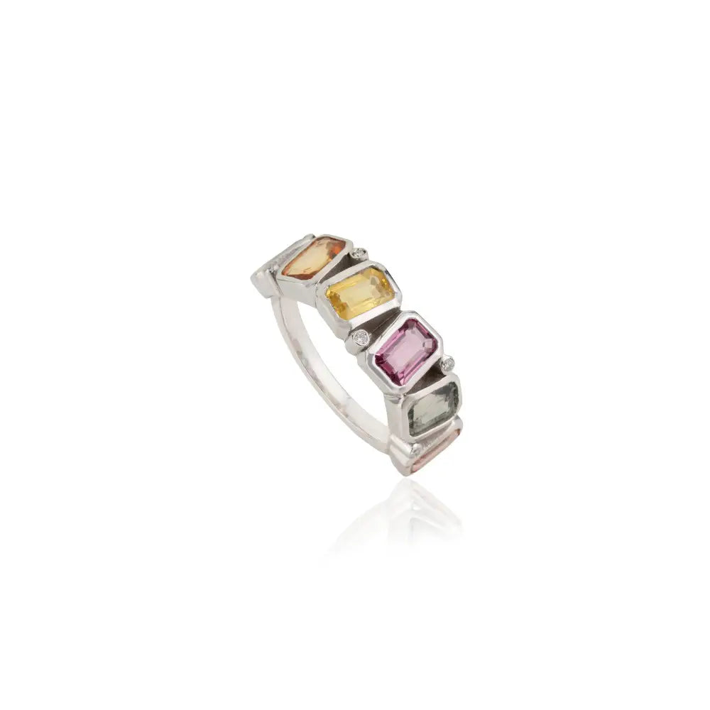 Solid 14K White Gold Rainbow Multi Sapphire & Diamond Half Eternity Band Ring For Wedding