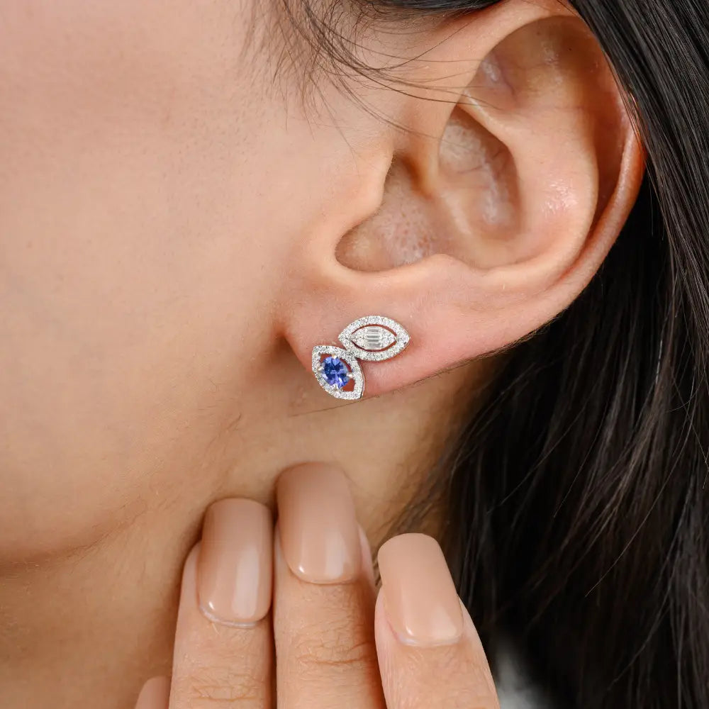 Unique Latest Design Blue Sapphire & Diamond Wings Shape Stud Earrings Custom Jewelry