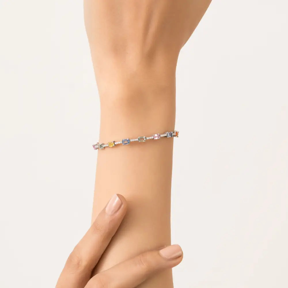 Octagon Shape Multi Sapphire & Round Cut Diamond K14 White Gold Sleek Tennis Bracelet