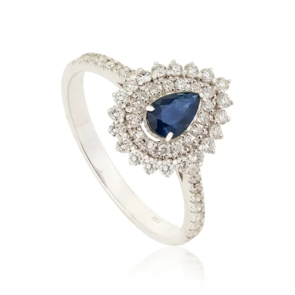 Custom Made Blue Sapphire & Diamond Pear Shape Double Cluster Statement Ring 18K Gold