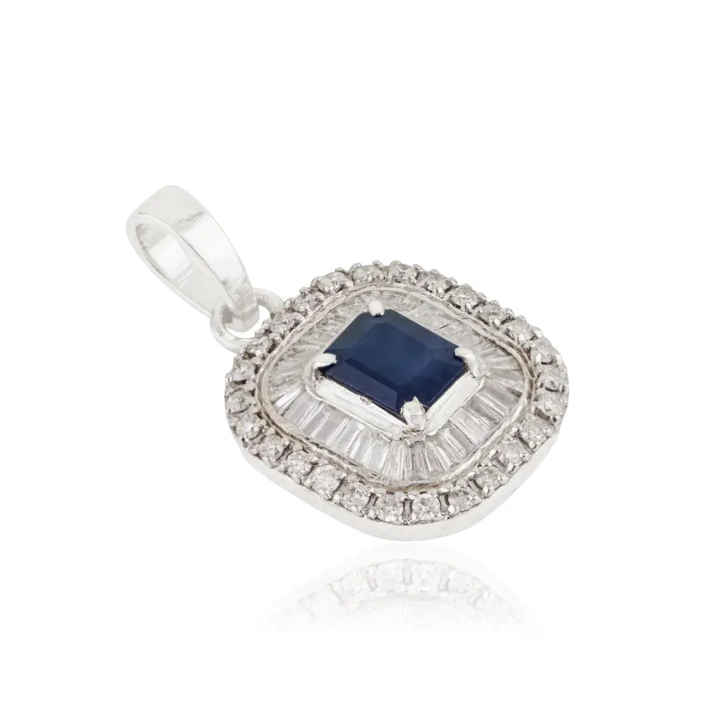 Real Blue Sapphire & Diamond 14K Pure White Gold Double Cluster Pendant For Wedding