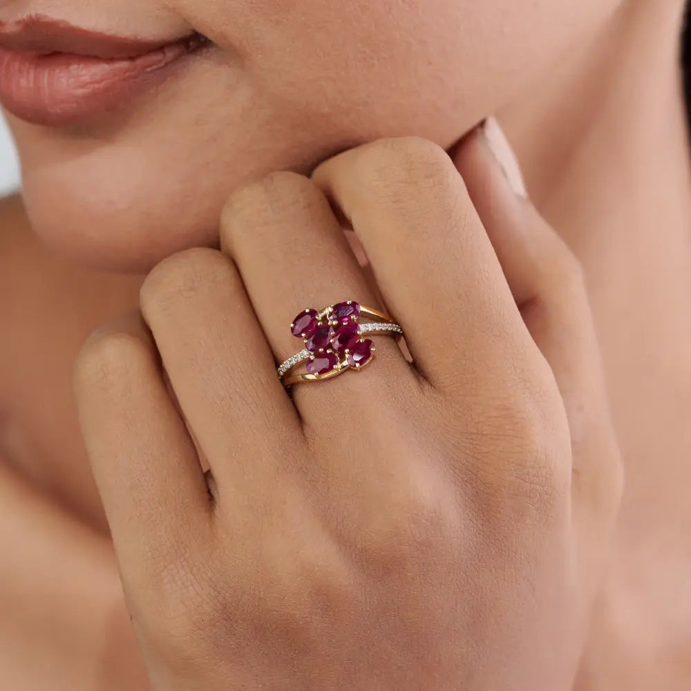 Precious Gemstone Ruby & Diamond Solid K14 Yellow Gold Wedding Ring Custom Jewelry