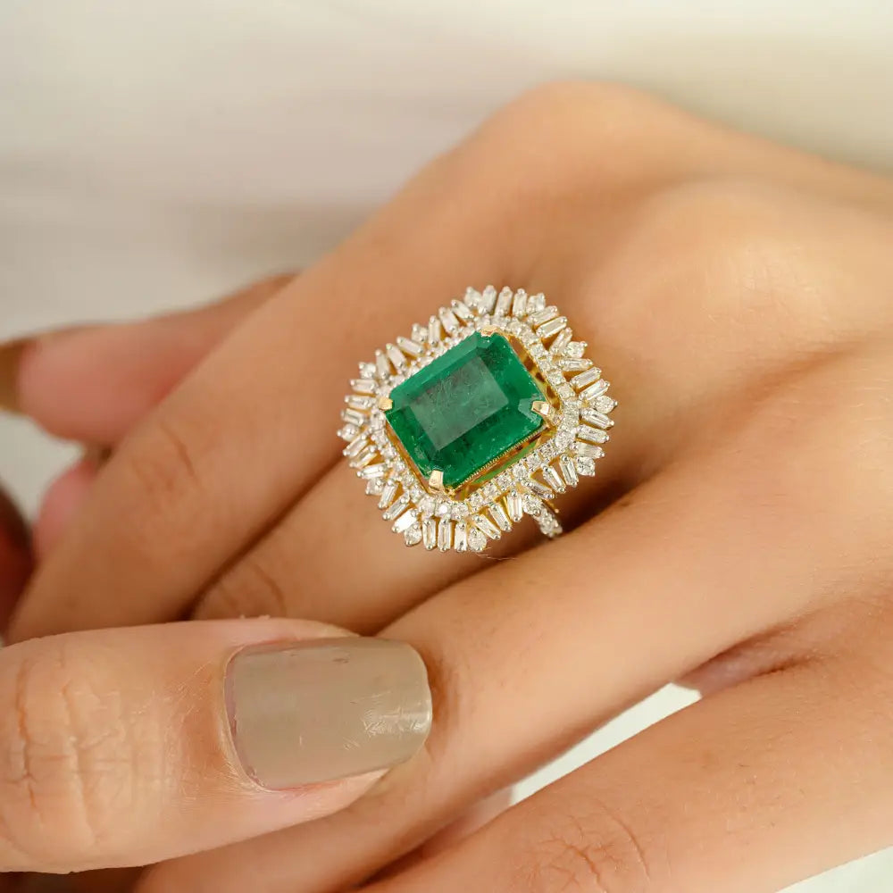 4.83ct. Zambian Emerald & Diamond Fine Statement Ring Bold Bridal Jewelry 14K Yellow Gold