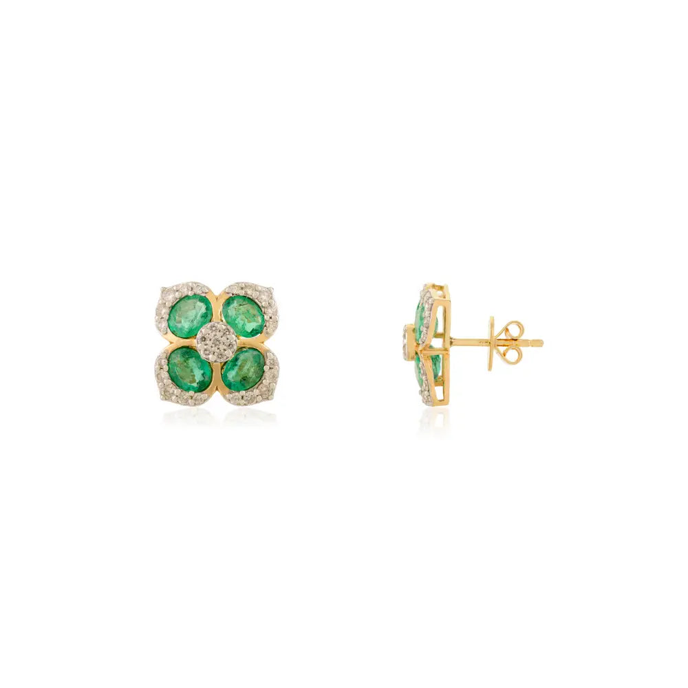 Unique Design Emerald & Diamond Pure 18K Yellow Gold Flower Shape Stud Earrings For Women's