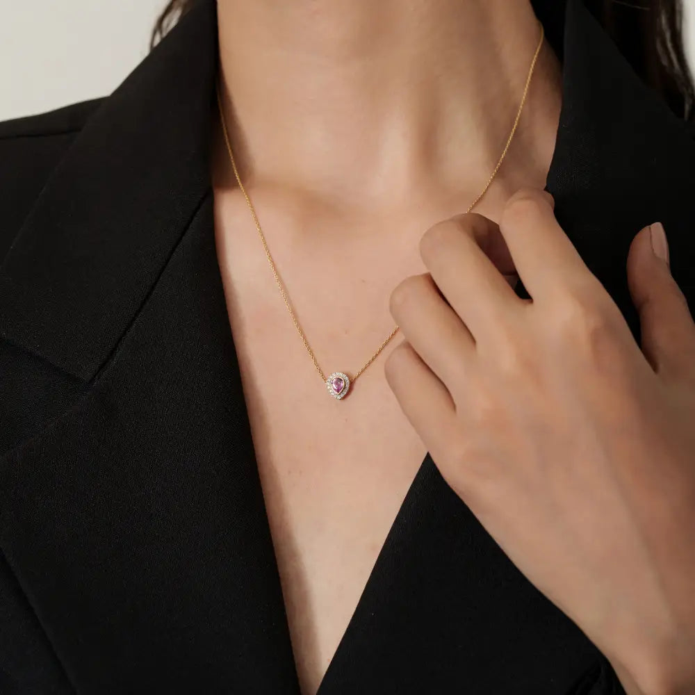Bezel Set Pink Sapphire & Diamond K18 Real Yellow Gold Solitaire Halo Pendant Necklace