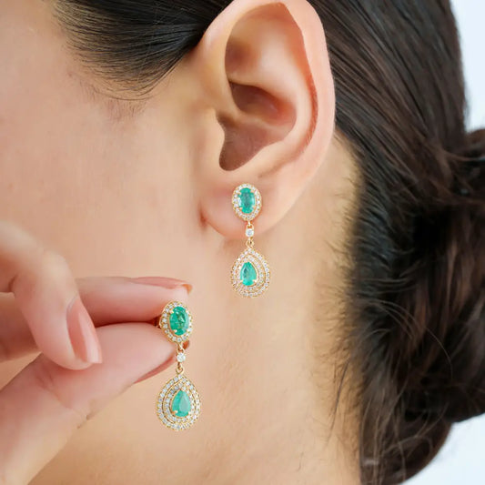 Anniversary Gift Emerald & Diamond Wedding Drop Earrings 14K Yellow Gold Fine Jewelry