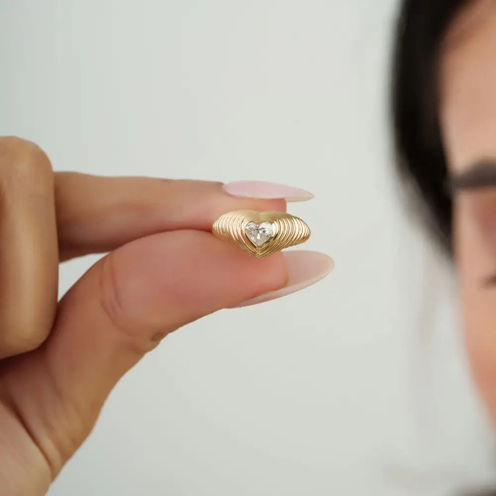 Best Selling Products Heart Shape Diamond Croissant Pinky Ring Real 14K Yellow Gold Jewelry