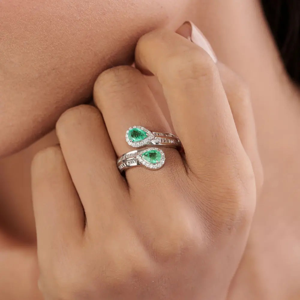 Authentic Emerald & Diamond Statement Bypass Ring Pure 14K White Gold Handmade Jewelry