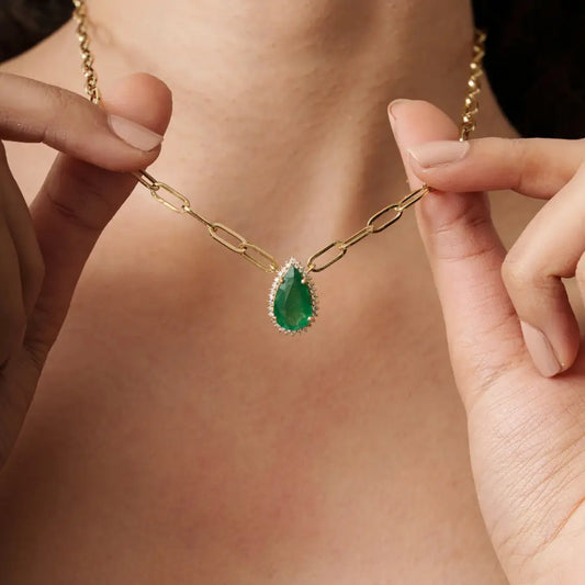 May Birthstone Emerald & Diamond Solitaire Cluster Pendant Necklace Fine K14 Real Yellow Gold