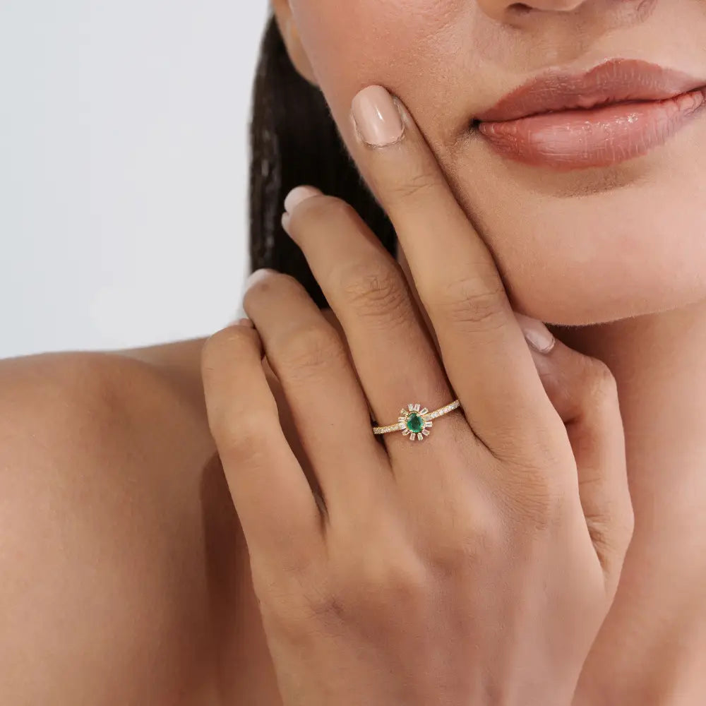 Newly Design Emerald & Diamond K14 Solid Yellow Gold Stacking Ring Minimal Jewelry