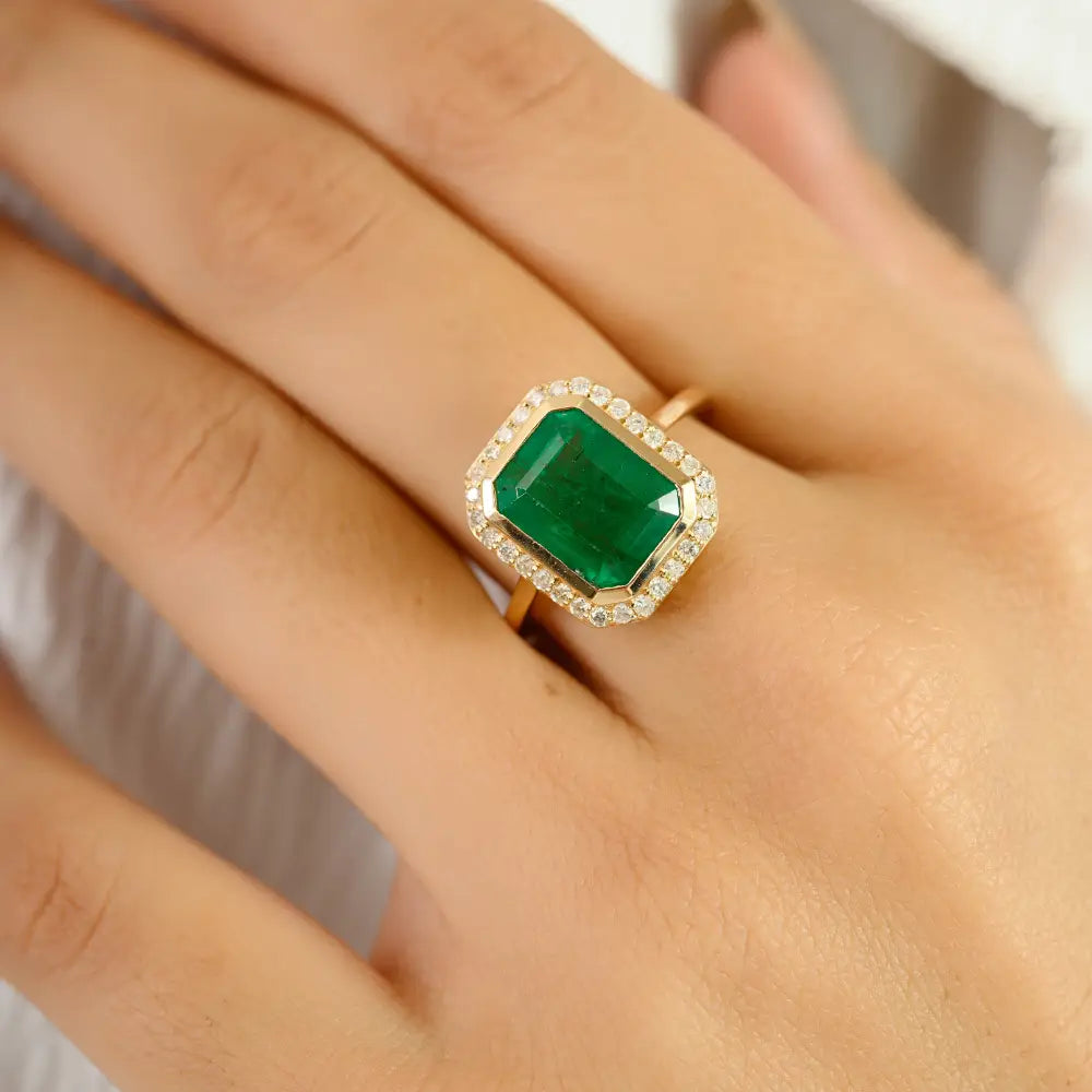 Octagon Cut Emerald & Diamond Halo Statement Ring Real K14 Yellow Gold Precious Jewelry