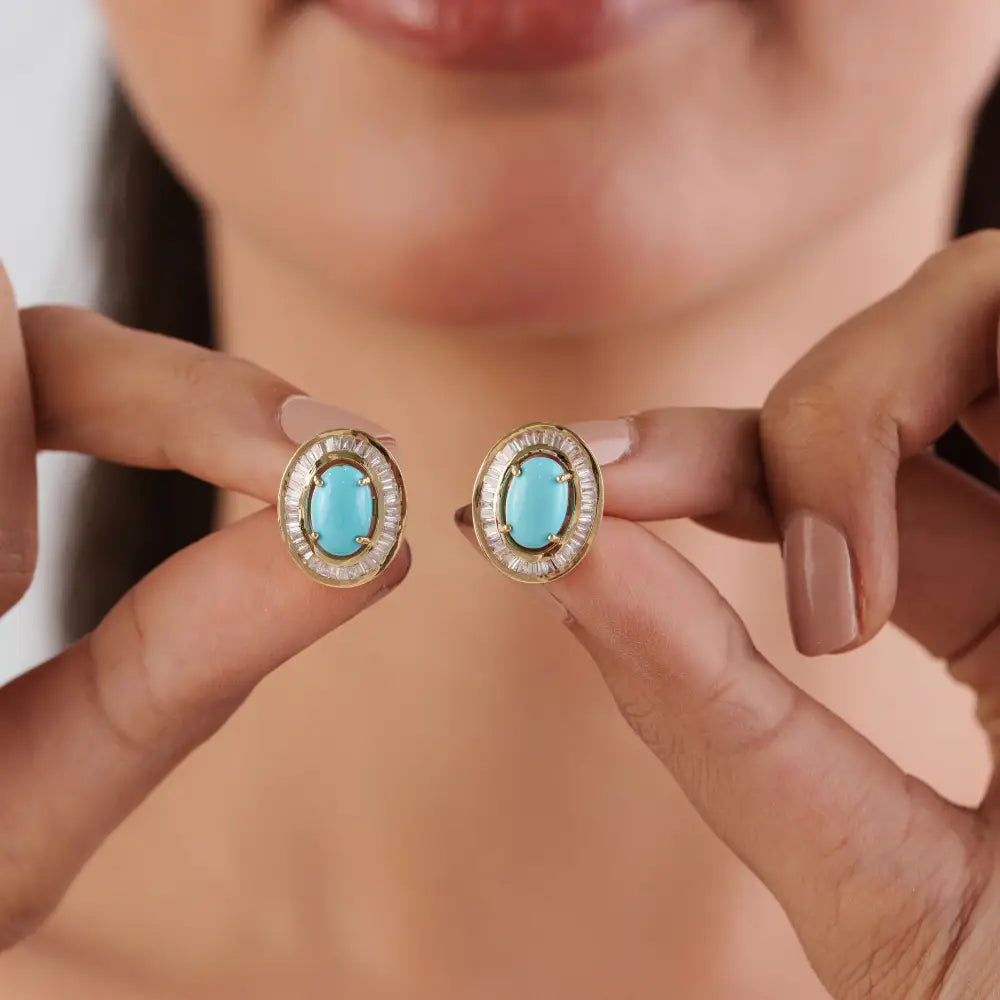Best Seller 14K Real Yellow Gold Turquoise & Diamond Halo Stud Earrings Fine Bulk Jewelry