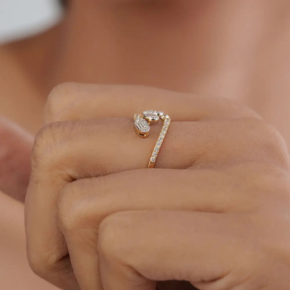 Unique Design 14K Pure Yellow Gold Genuine Diamond Bypass Style Statement Ring For Wedding