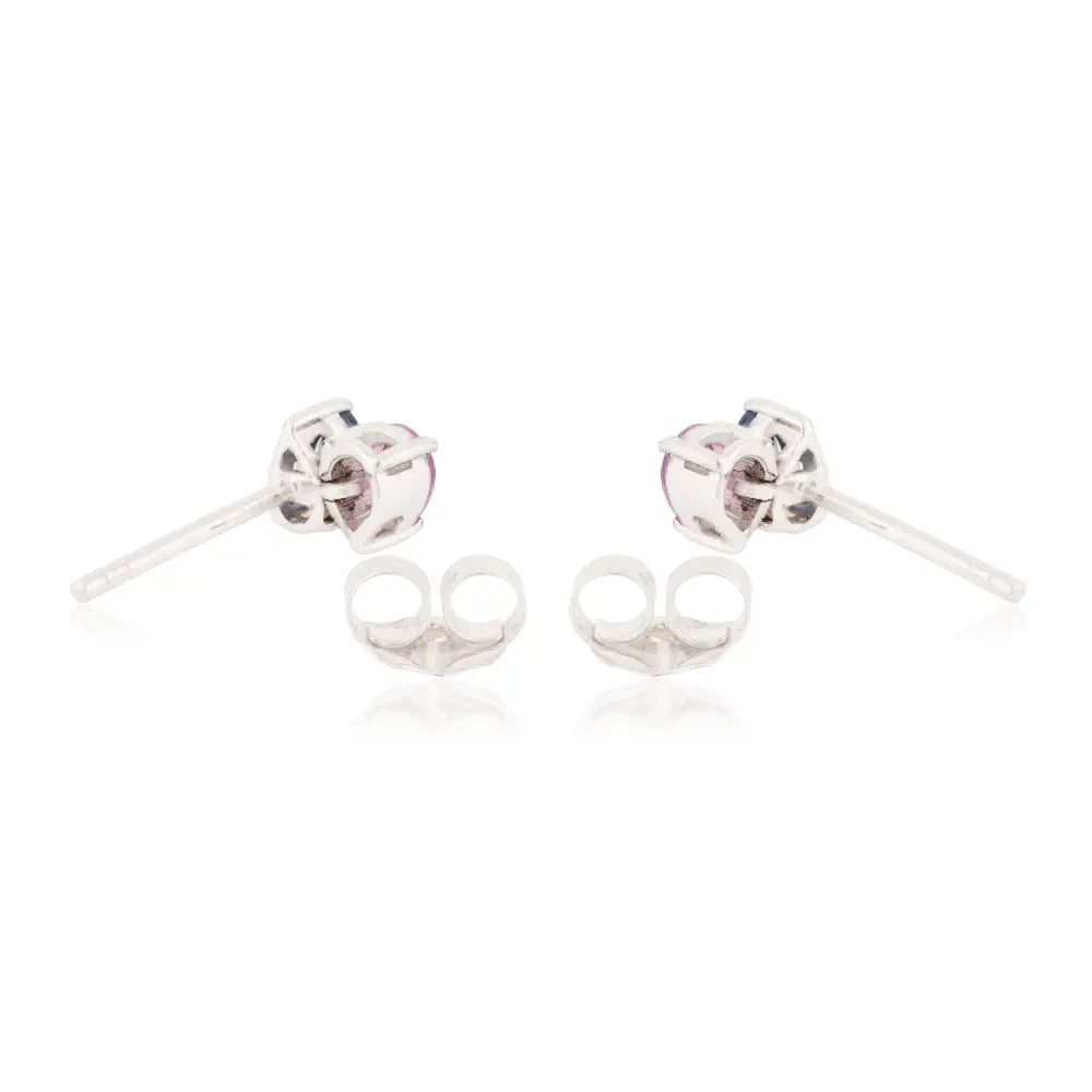 18K White Gold Prong Set Pink & Blue Sapphire Minimal Toi et Moi Stud Earrings Birthstone Jewelry