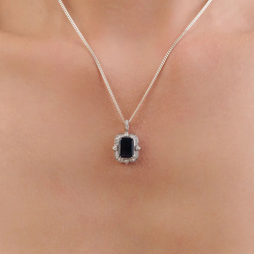 Wholesale Jewelry Design Blue Sapphire & Diamond Fine Halo Pendant 14K White Gold
