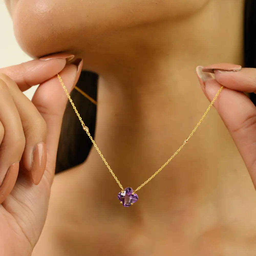Clover Shape Amethyst & Round Cut Diamond Minimal Stacking Pendant Necklace K14 Gold