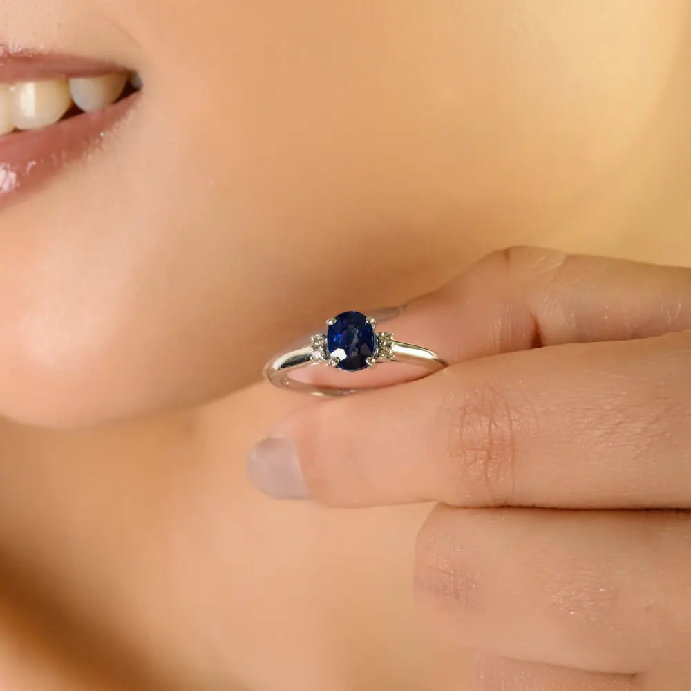 Prong Setting Blue Sapphire & Diamond Daily Wear Minimal Ring 14K Solid White Gold Jewelry