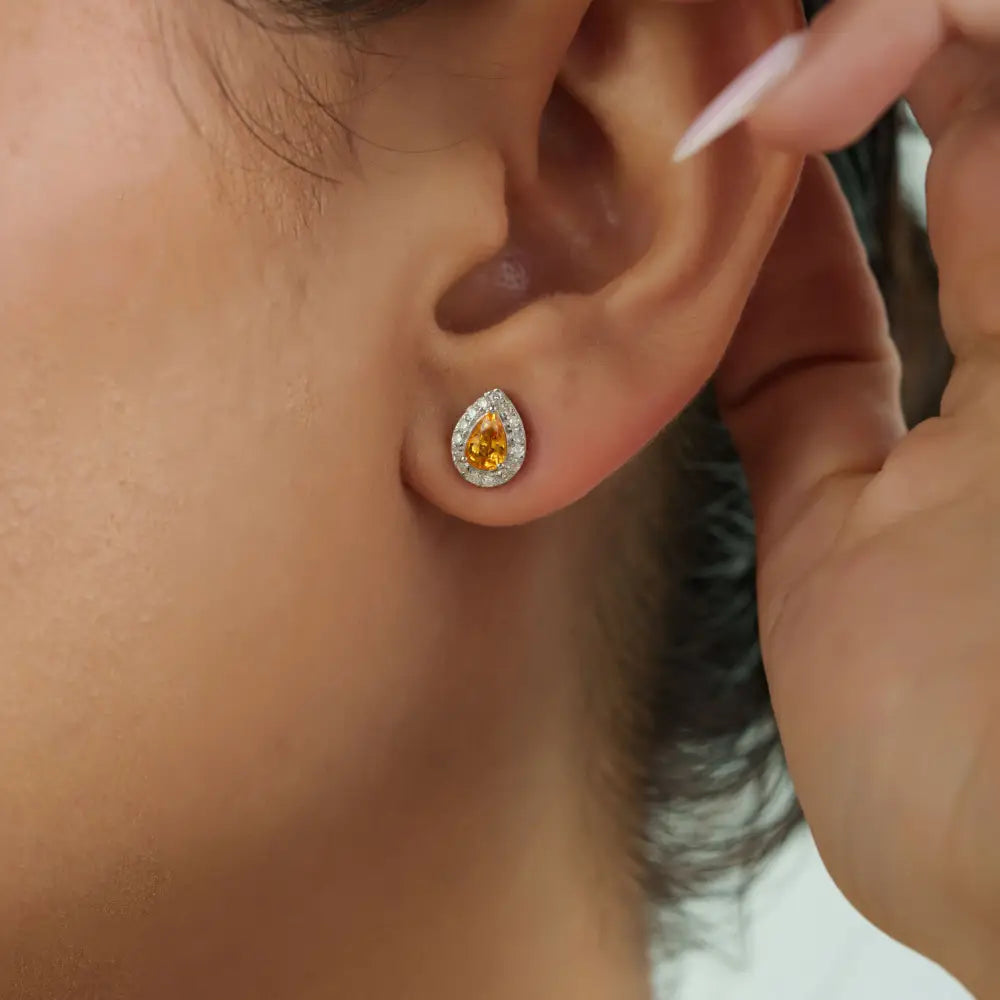 Solid K14 White Gold Yellow Sapphire & Diamond Fine Halo Stud Earrings Handmade Jewelry