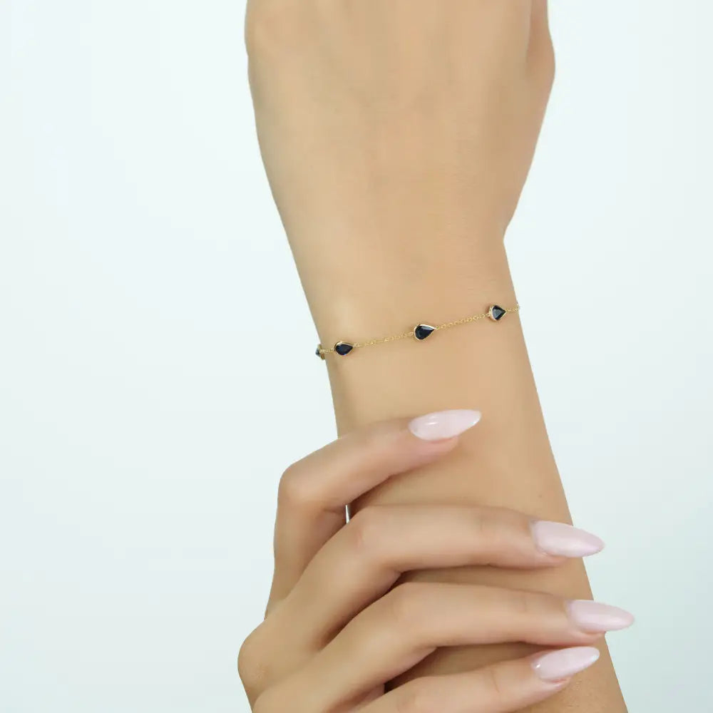 Delicate Simple Design Blue Sapphire Minimal Stacking Station Chain Bracelet 14K Yellow Gold