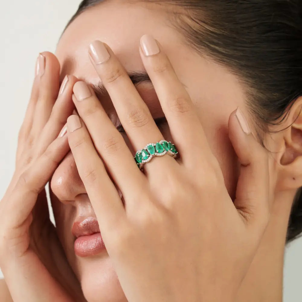 Zambian Emerald & Diamond 14K Real White Gold Wave Shape Half Eternity Band Ring