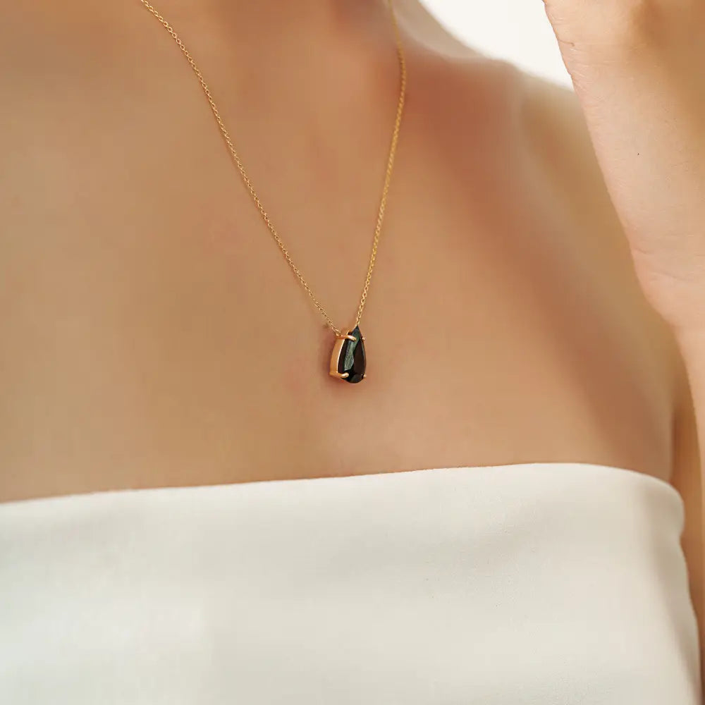 Pure 14K Yellow Gold Pear Cut Black Diamond Solitaire Pendant Necklace Stacking Jewelry