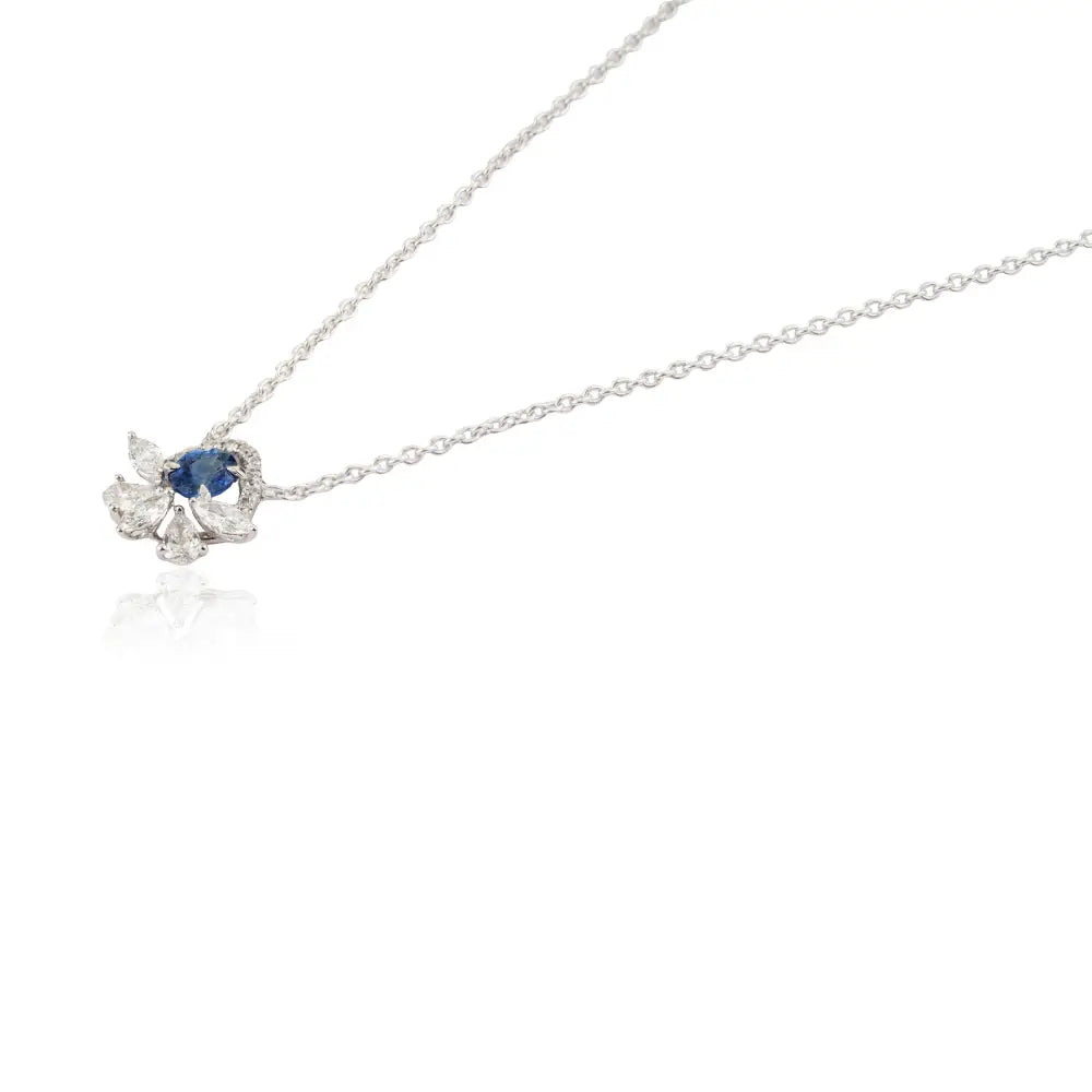 14K Solid White Gold Blue Sapphire & Diamond Minimal Pendant Necklace Everyday Jewelry