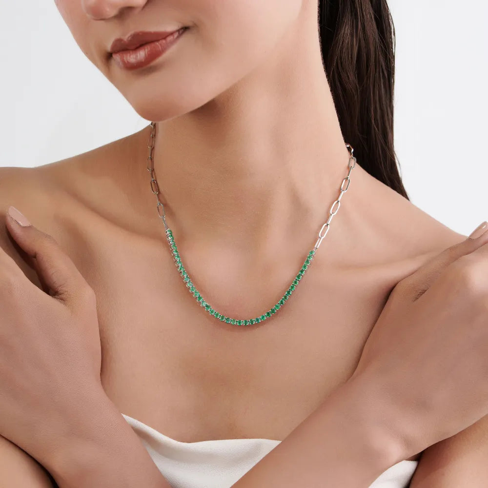 Zambian Emerald Round Cut Gemstone Half Paperclip Chain Tennis Necklace Stack Jewelry 14K White Gold