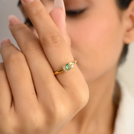 100% Natural Emerald & Diamond 14K Solid Yellow Gold Minimalist Ring