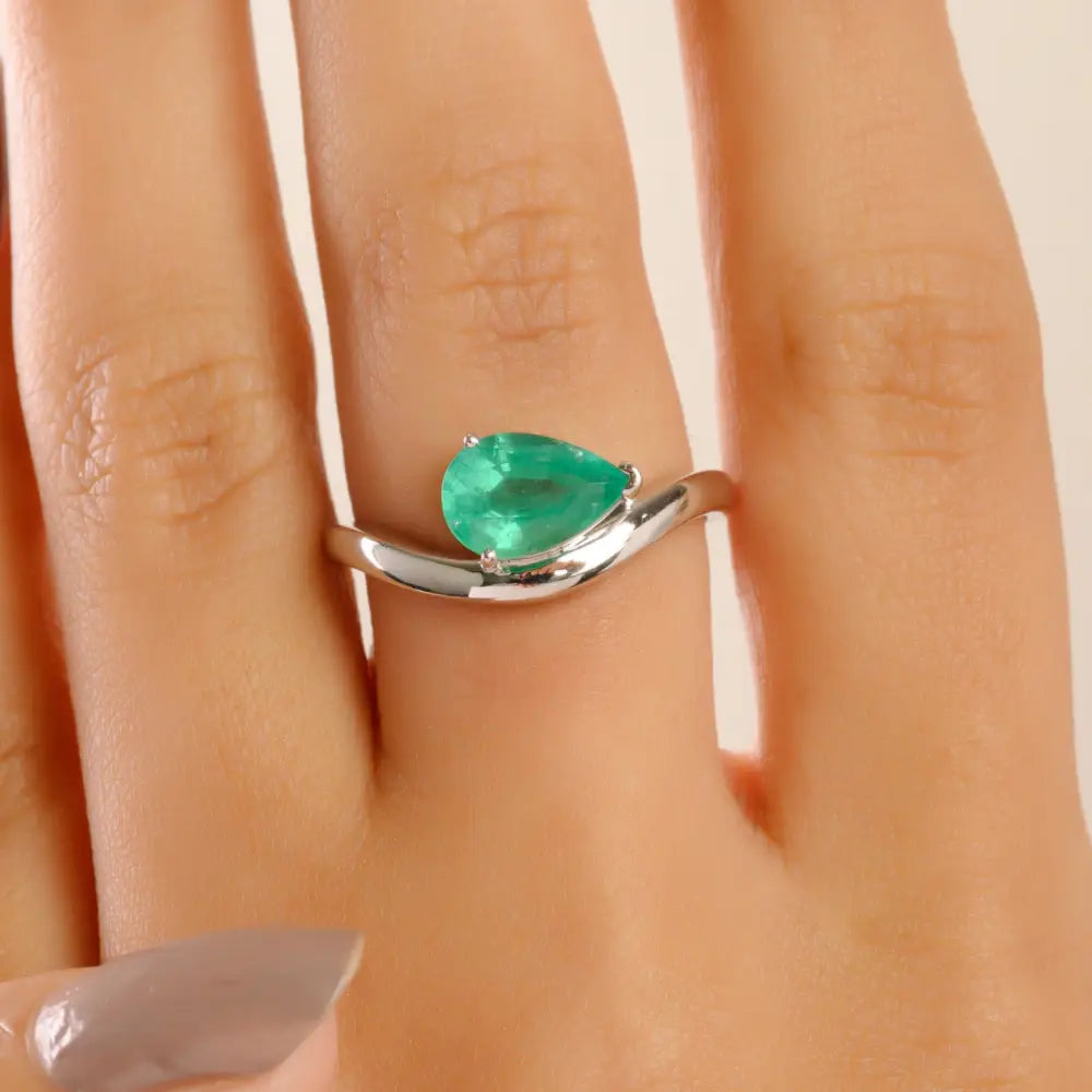 9x6 mm Pear Shape Zambian Emerald Fine Statement Wavy Band Ring 14K Solid White Gold