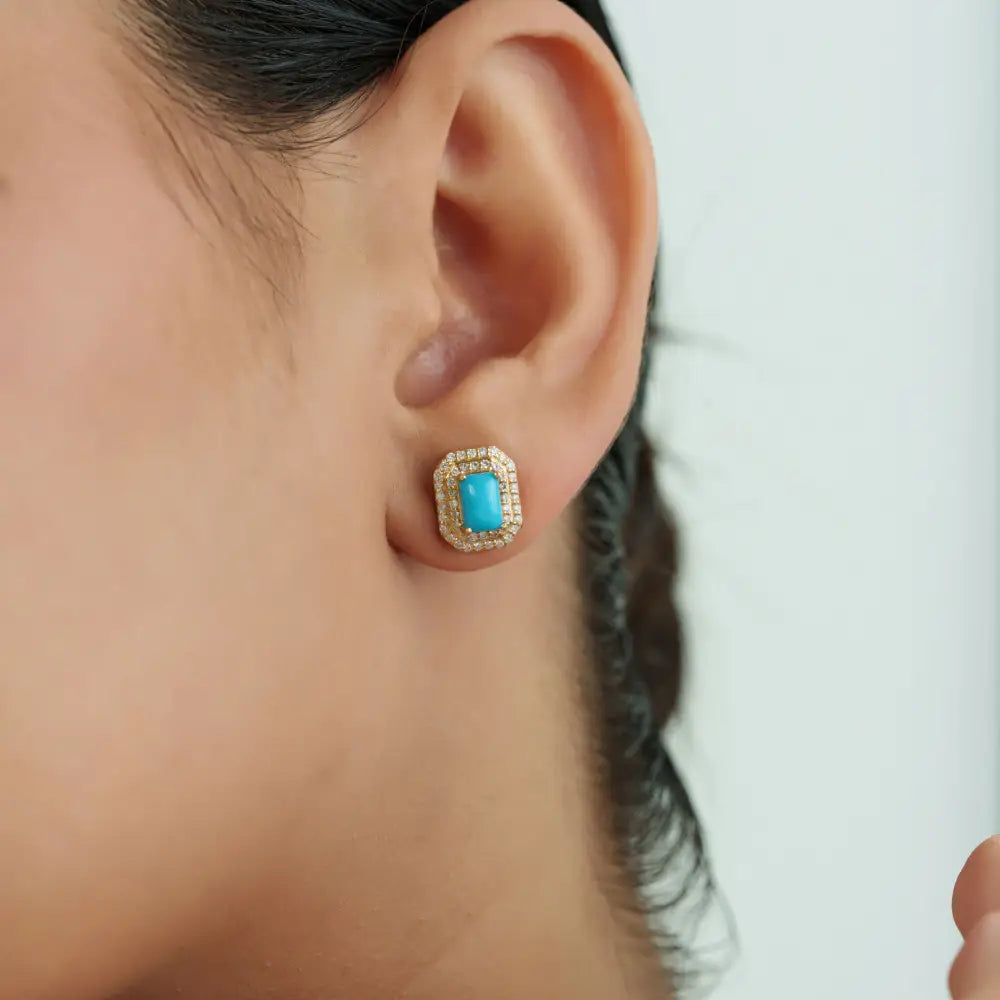 14K Yellow Gold Turquoise & Diamond Double Cluster Stud Earrings For Women Fine Jewelry