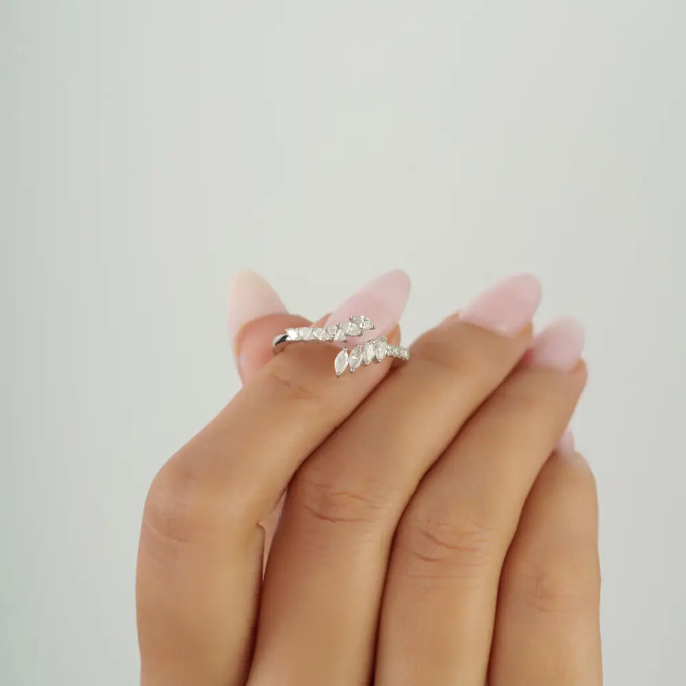 Solid K14 White Gold Natural Diamond Stackable Bypass Ring Sparkling Bulk Jewelry Supplier