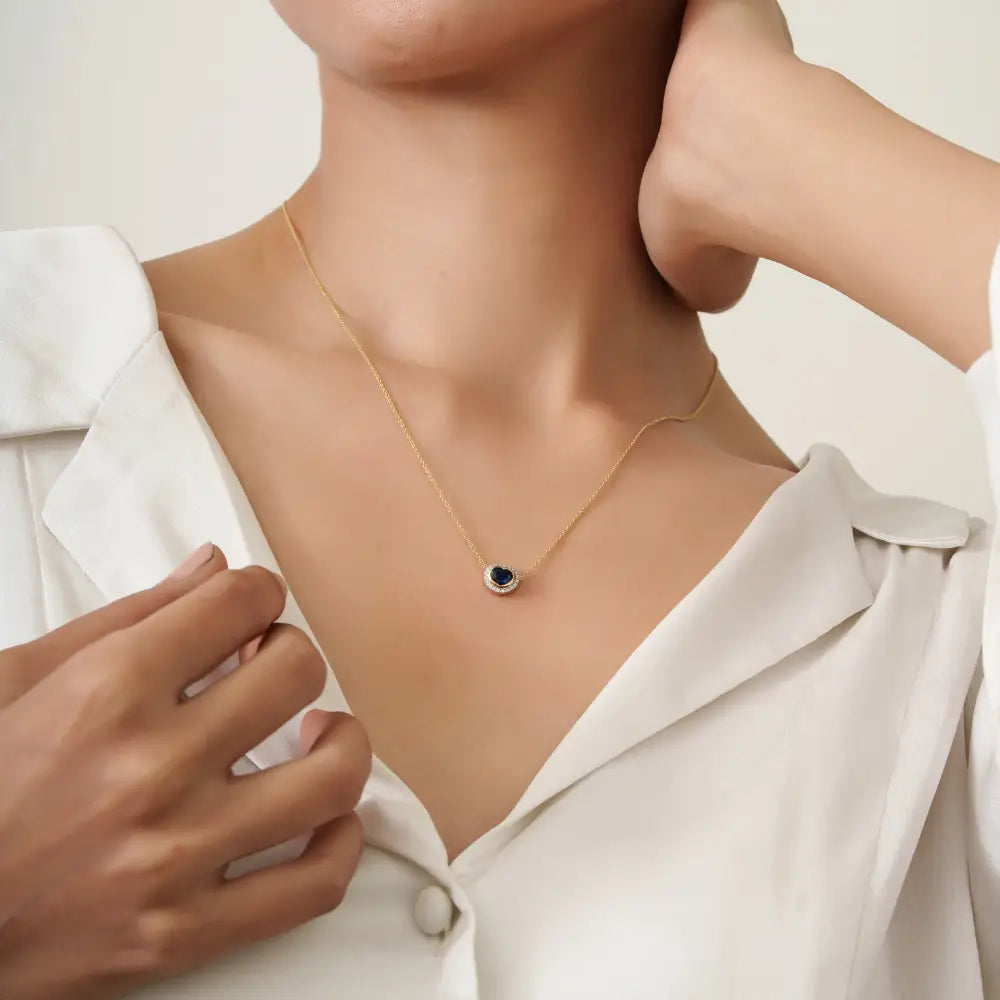 14K Yellow Gold Heart Shape Blue Sapphire & Diamond Halo Pendant Necklace Gift For Her