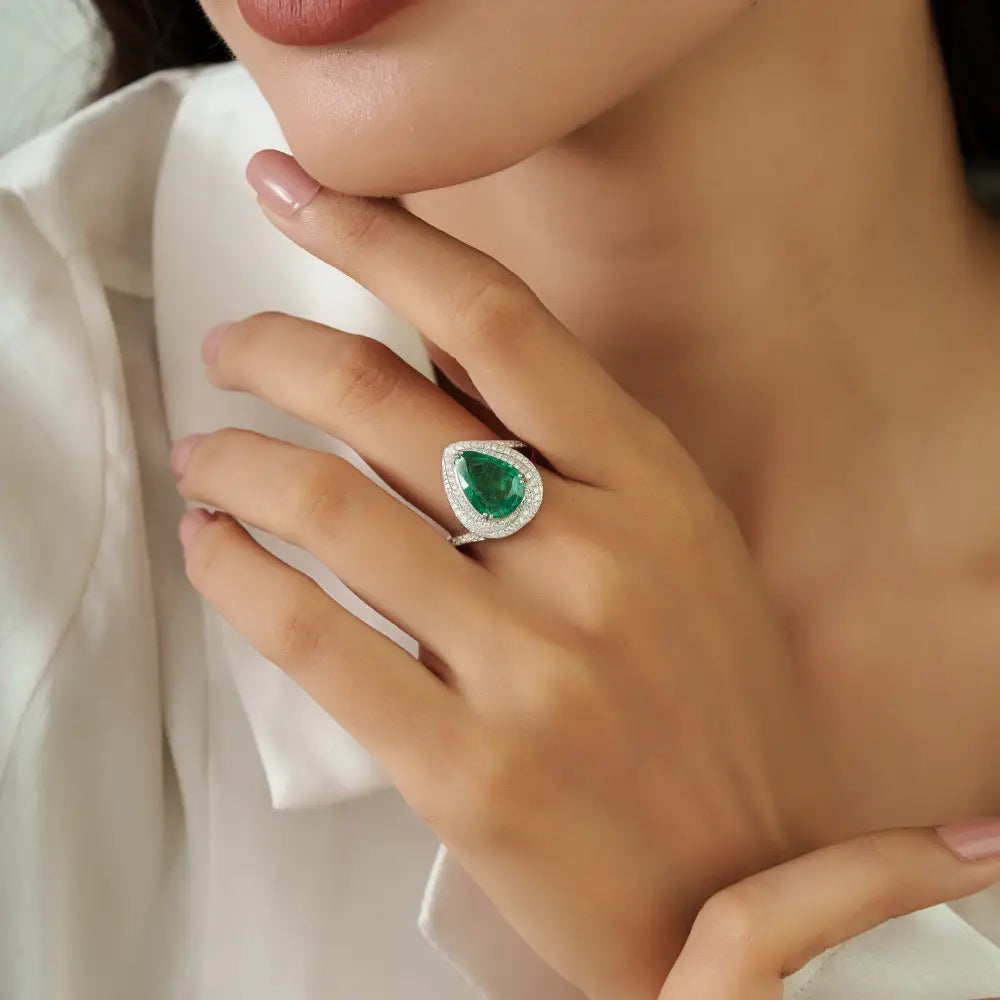 Double Prong Set Emerald & Diamond Cluster Cocktail Ring Wedding 18K White Gold Jewelry