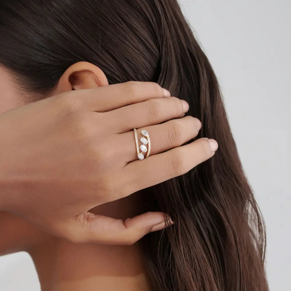 Unique Design 14K Pure Yellow Gold Genuine Diamond Bypass Style Statement Ring For Wedding