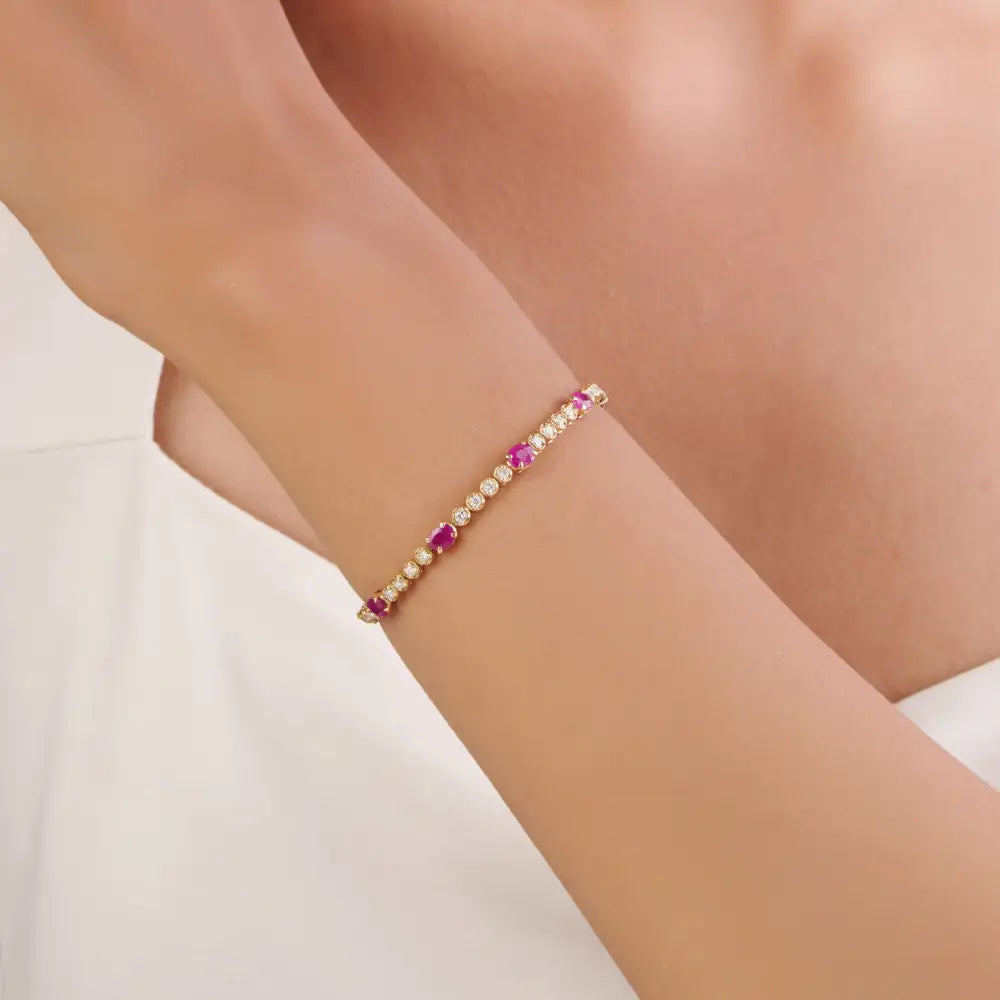 Best Quality 14K Real Yellow Gold Ruby & Diamond Wedding Tennis Bracelet Anniversary Gift