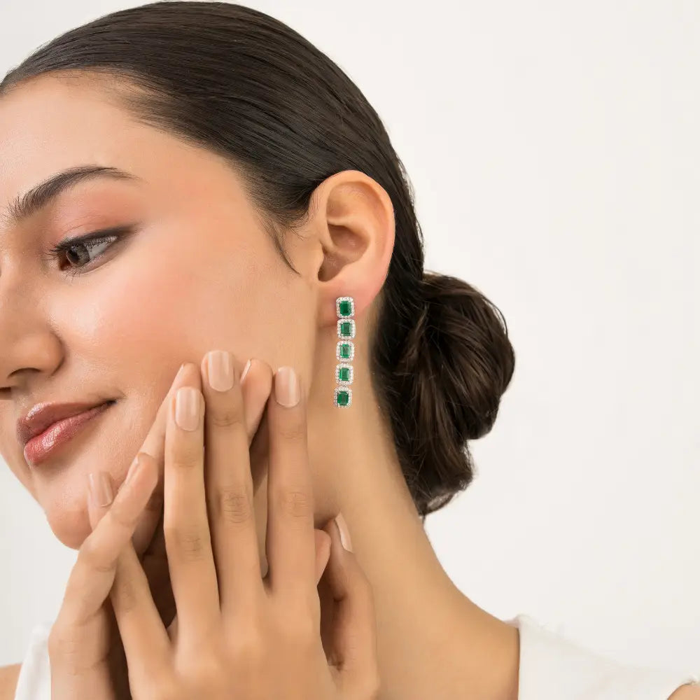 5x4 mm Emerald & Diamond Halo Statement Dangle Earrings 14K Pure White Gold Jewelry