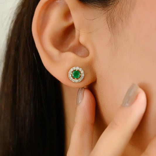 High Quality Emerald & Diamond 18K Yellow Gold Round Shape Halo Stud Earrings Fine Jewelry