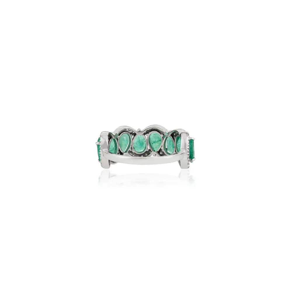 Zambian Emerald & Diamond 14K Real White Gold Wave Shape Half Eternity Band Ring