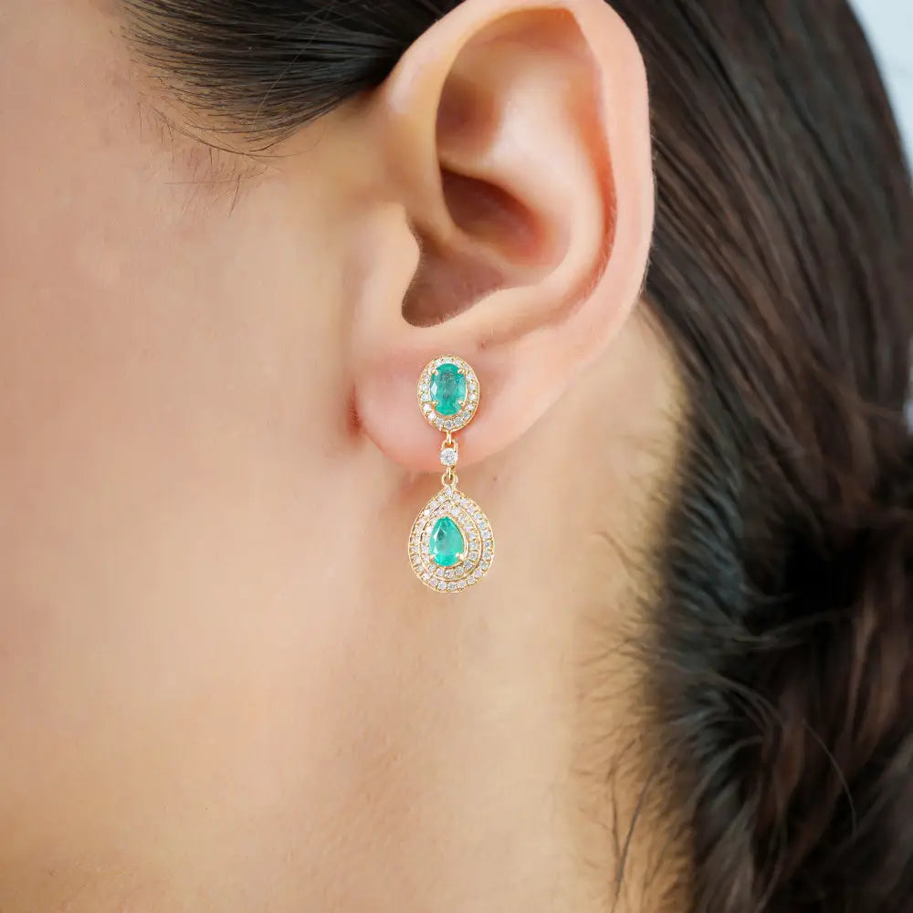 Anniversary Gift Emerald & Diamond Wedding Drop Earrings 14K Yellow Gold Fine Jewelry