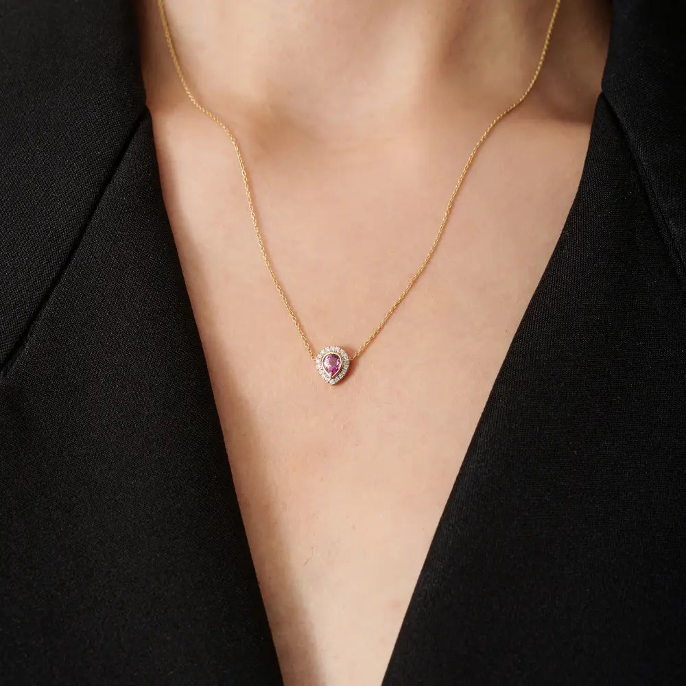 Bezel Set Pink Sapphire & Diamond K18 Real Yellow Gold Solitaire Halo Pendant Necklace
