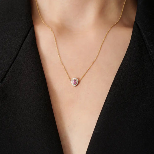 Bezel Set Pink Sapphire & Diamond K18 Real Yellow Gold Solitaire Halo Pendant Necklace