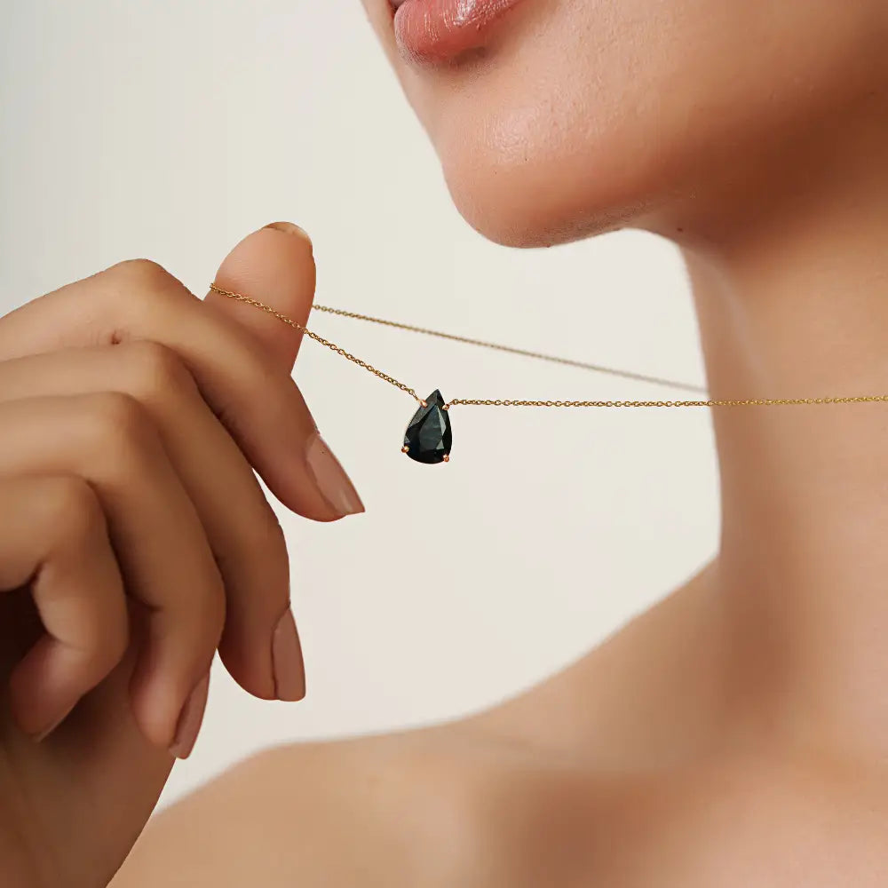 Pure 14K Yellow Gold Pear Cut Black Diamond Solitaire Pendant Necklace Stacking Jewelry