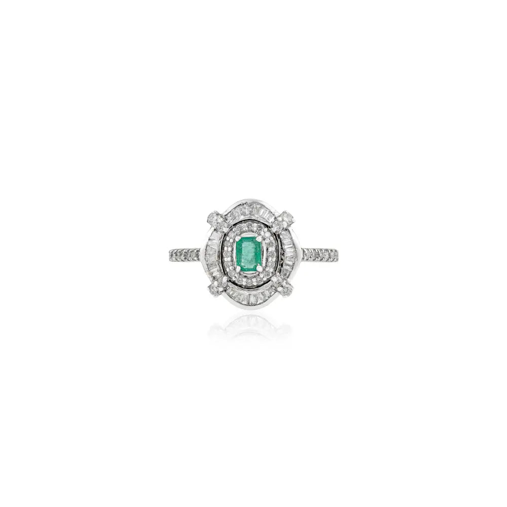 Art Deco Inspired Emerald & Diamond Statement Wedding Ring Solid K14 White Gold Jewelry