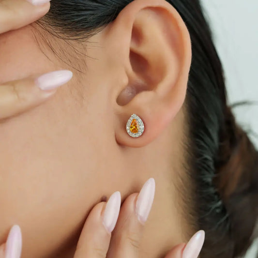 Solid K14 White Gold Yellow Sapphire & Diamond Fine Halo Stud Earrings Handmade Jewelry