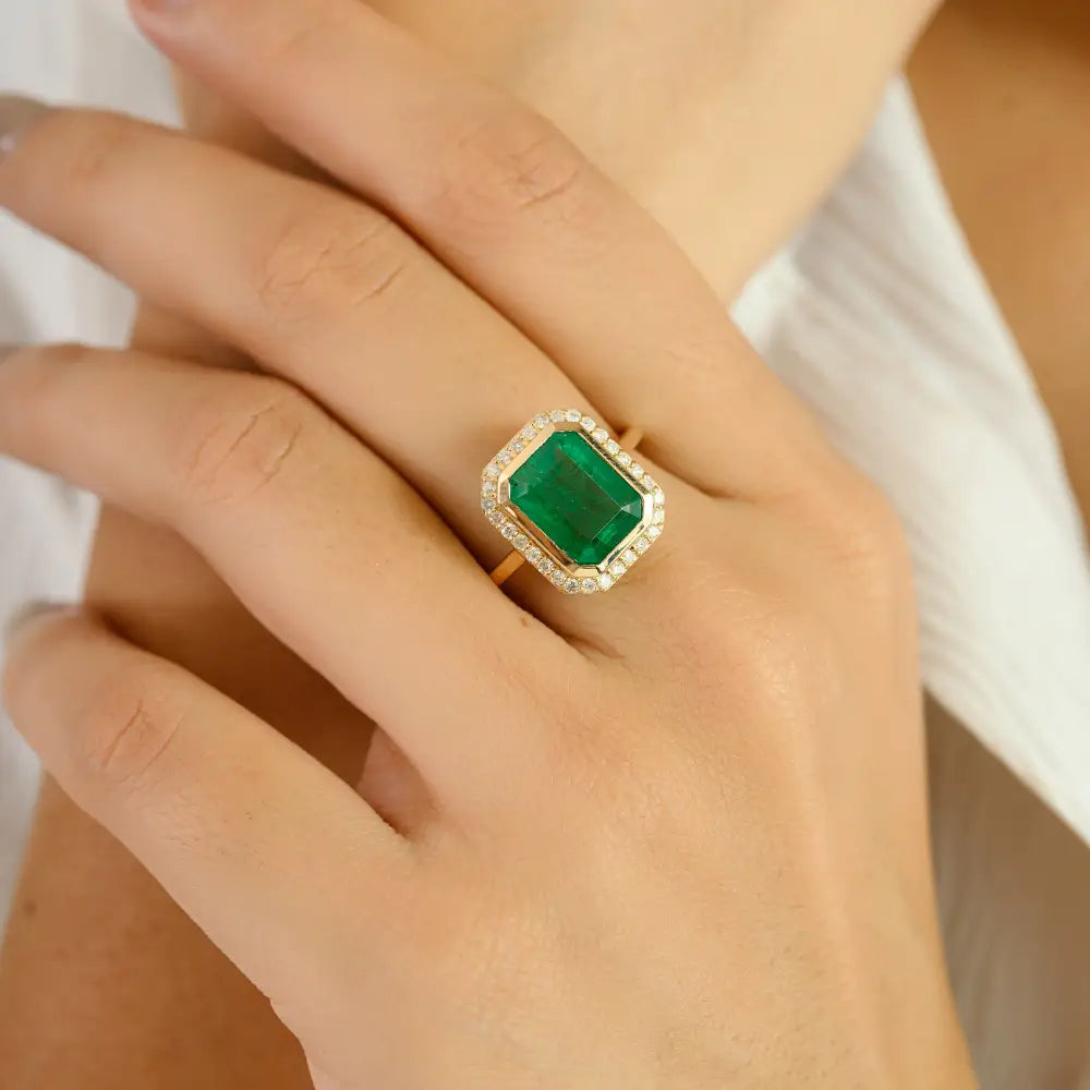 Octagon Cut Emerald & Diamond Halo Statement Ring Real K14 Yellow Gold Precious Jewelry